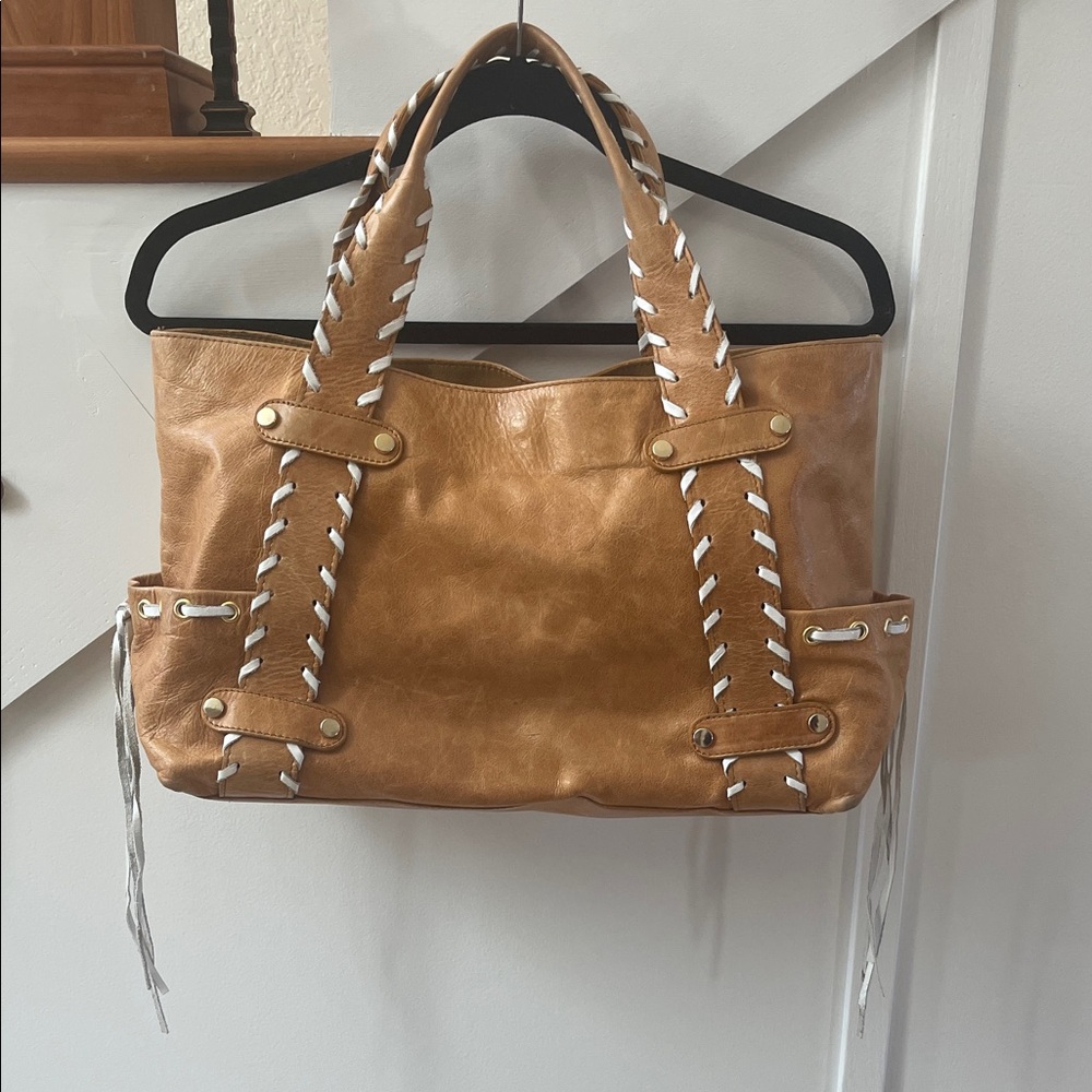 Maurizio Taiuti Distressed Tan Leather Tote with White Details